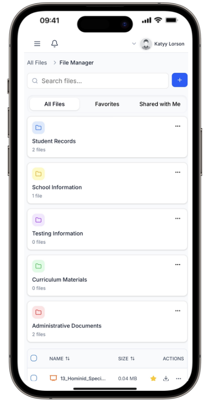 Instructor mobile file manager with school folders and document list