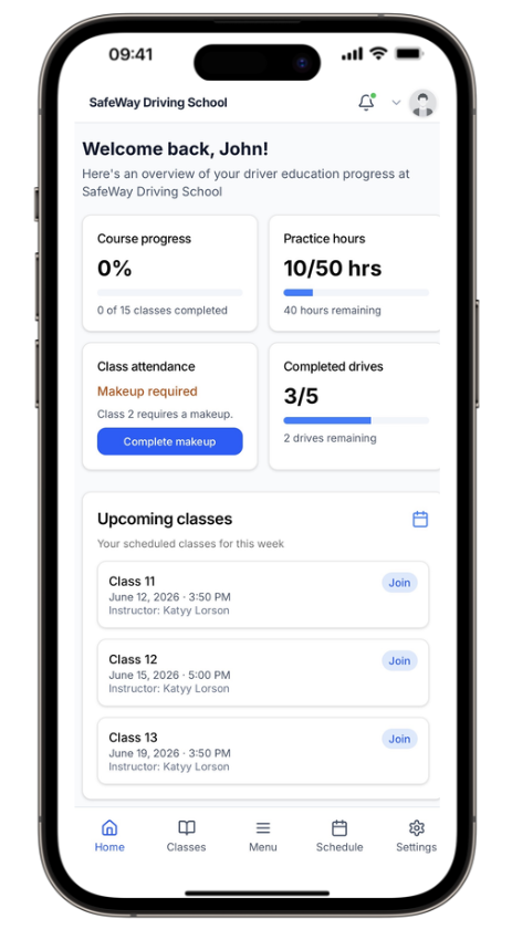 Student mobile dashboard with course progress cards and upcoming class list